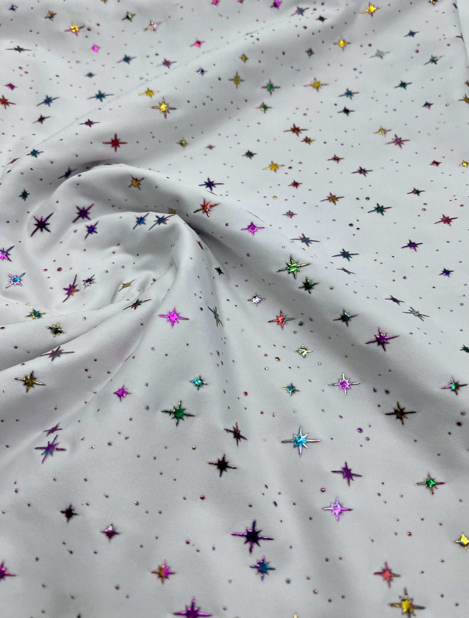 White Multi Star Soft Spun Poly Stretch Fabric - T9 Fabrics